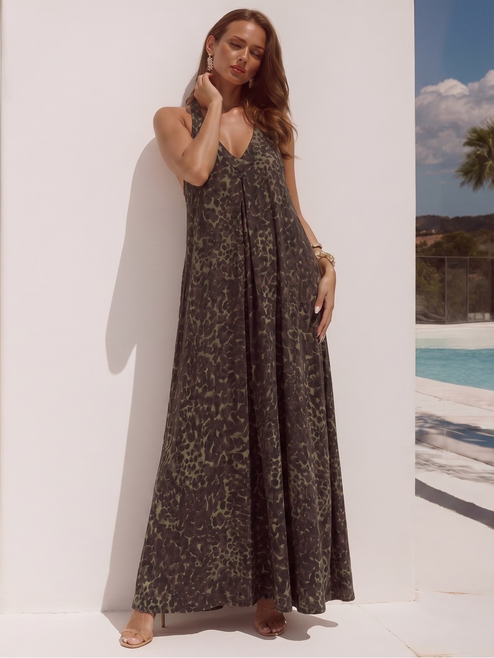 lovestitch Olive Charcoal Leopard Print Dress V-Neck Cocoon Maxi Dress Size M